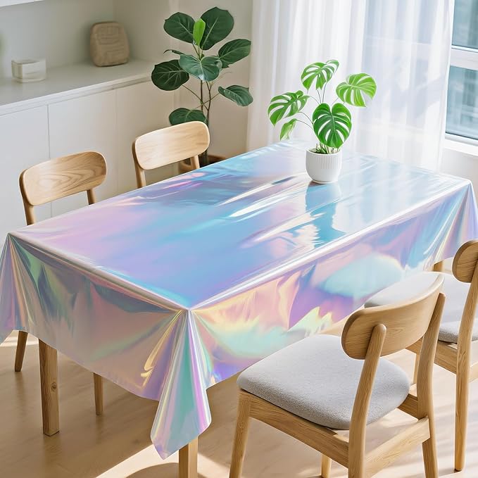 2 Pack Iridescent Tablecloth, 54" x 108" Birthday Party Table Cloths Iridescence Plastic Disposable Table Covers Iridescent Party Decorations, Birthday Decor Tablecloth for Buffet Table