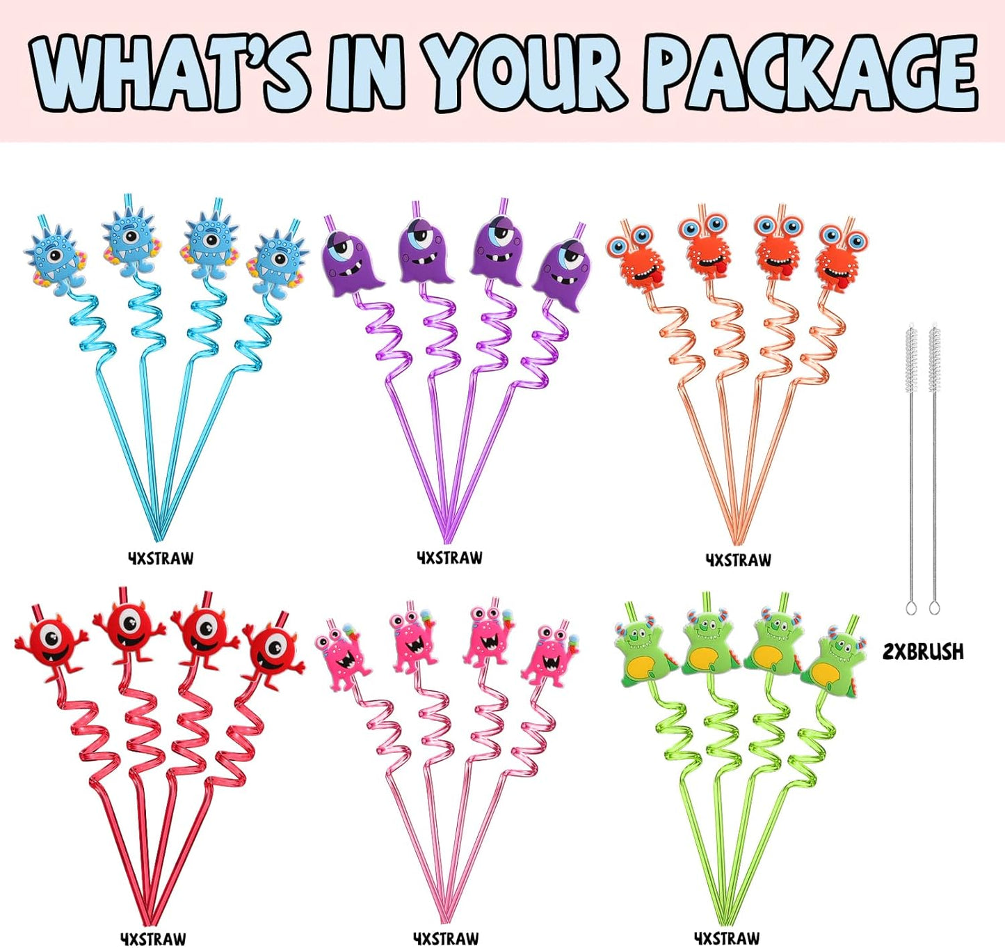 AFZMON 24 PCS Monster Drinking Straws Reusable Plastic Beverages Cocktail Straw with Cartoon Decoration for Kids Monster Party Supplies for Birthday Party Favors