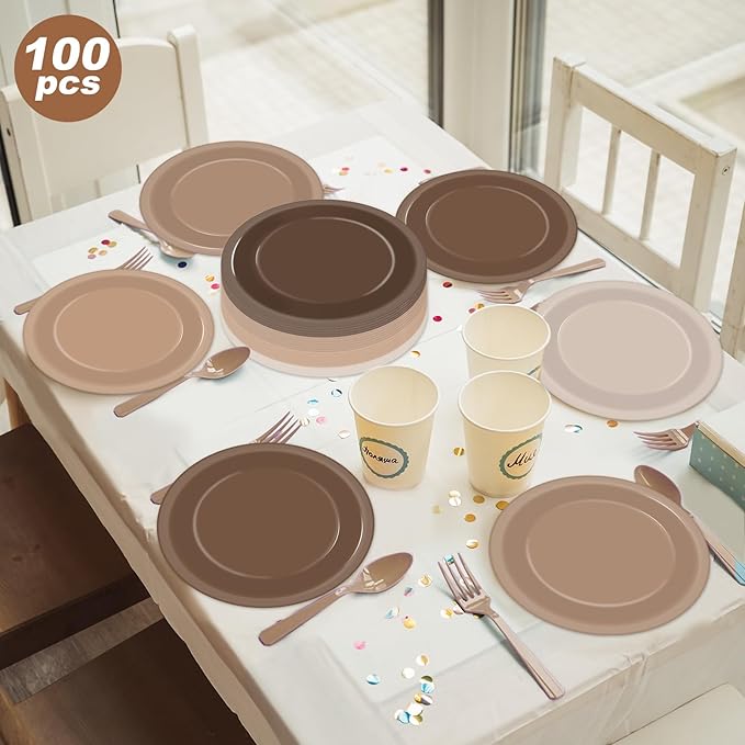 100Pcs Brown Paper Plates 9 Inch Gradient Brown Color Plates Disposable Round Dessert Plates Brown Party Tableware Solid Color Paper Plates Winter Table Decors for Birthday Gatherings Outdoor Party
