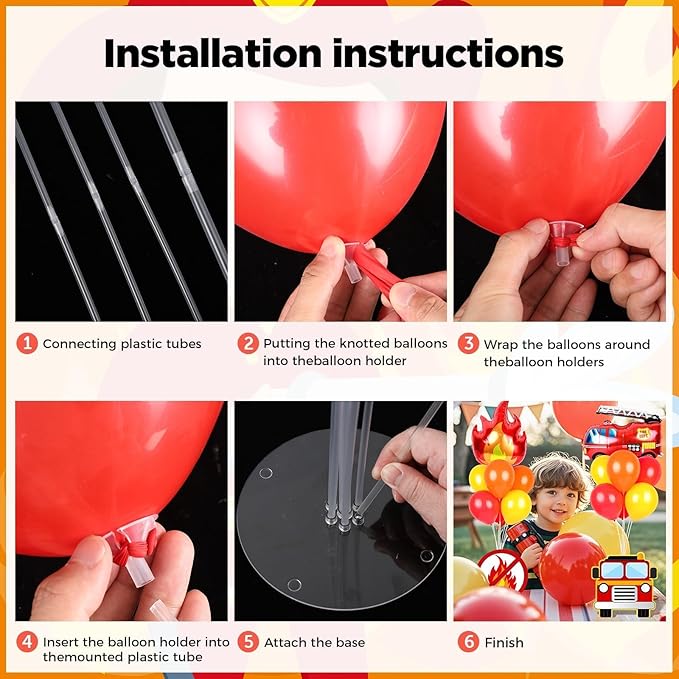 6 Sets Fire Fighting Party Balloon Stand Kit for Table Red Yellow Balloon Centerpiece Decor Fire Truck Party Balloon Stand Kit for Fireman Theme Birthday Supplies