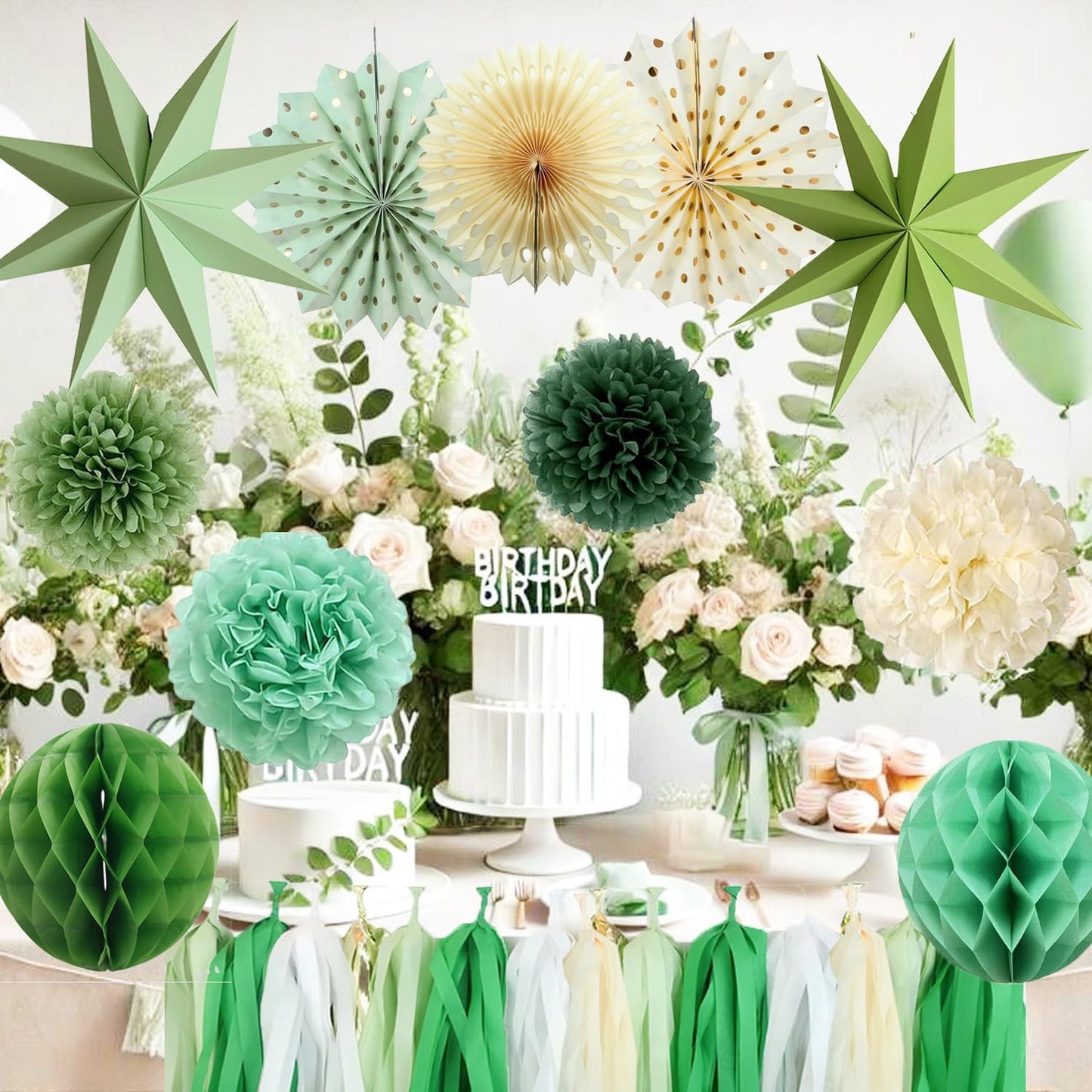 Green Party Decorations - Sage Greens Birthday Decoration - 15PCS Paper Decorations for Women Men Girl Boy,Hanging Backdrop for Engagement,Green Boho Wedding,Baby Shower,Bridal Shower,Garden Party