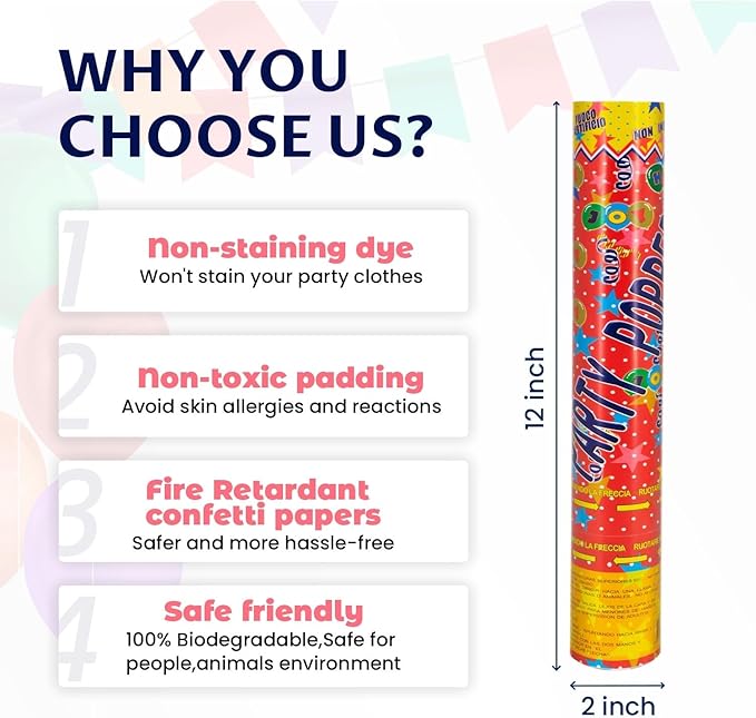 12Pack Confetti Cannon Multicolor Party Confetti Shooters Biodegradable Confetti Poppers 12Inch Party Poppers Cannon Launches 15-20ft for Graduation Birthday Wedding New Years Celebration Decorations