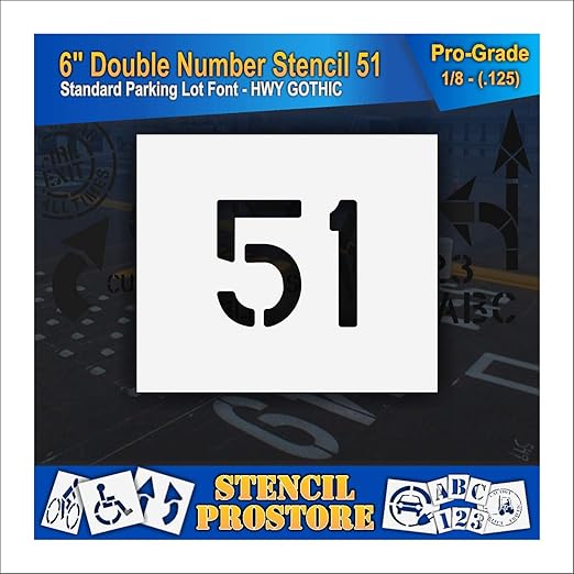 Pavement, Curb, and WheelStop Stencils - 6 inch Double Number Stencil - (51) - 6" x 6" x 1/8" (128 mil) - Pro-Grade