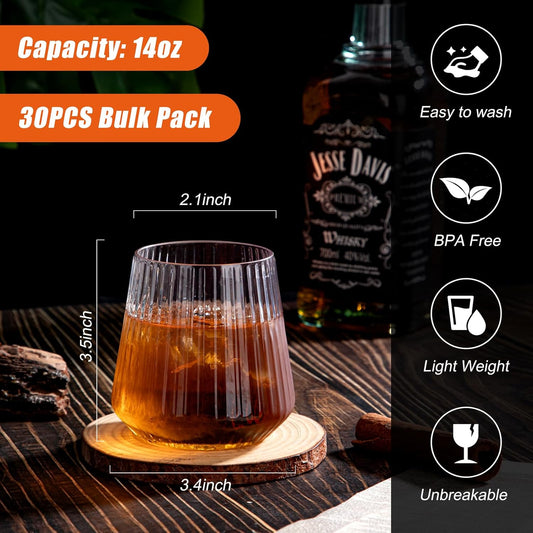 Ciaell 30 Pack Plastic Ribbed Wine Glasses - 14 OZ Thicker Origami Stemless Disposable Wine Champagne Whiskey Unbreakable Clear Cocktail Glass, Reusable Wine Cups for Home Party Wedding Bar