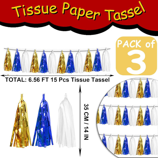 3 Pack Navy-Blue White and Gold Tassel Banner Garland Metallic Foil Fringe Banner Tinsel Tassels Streamer Banner Backdrop for Parade Floats, 2025 Graduation, Retirement Party Decoratio