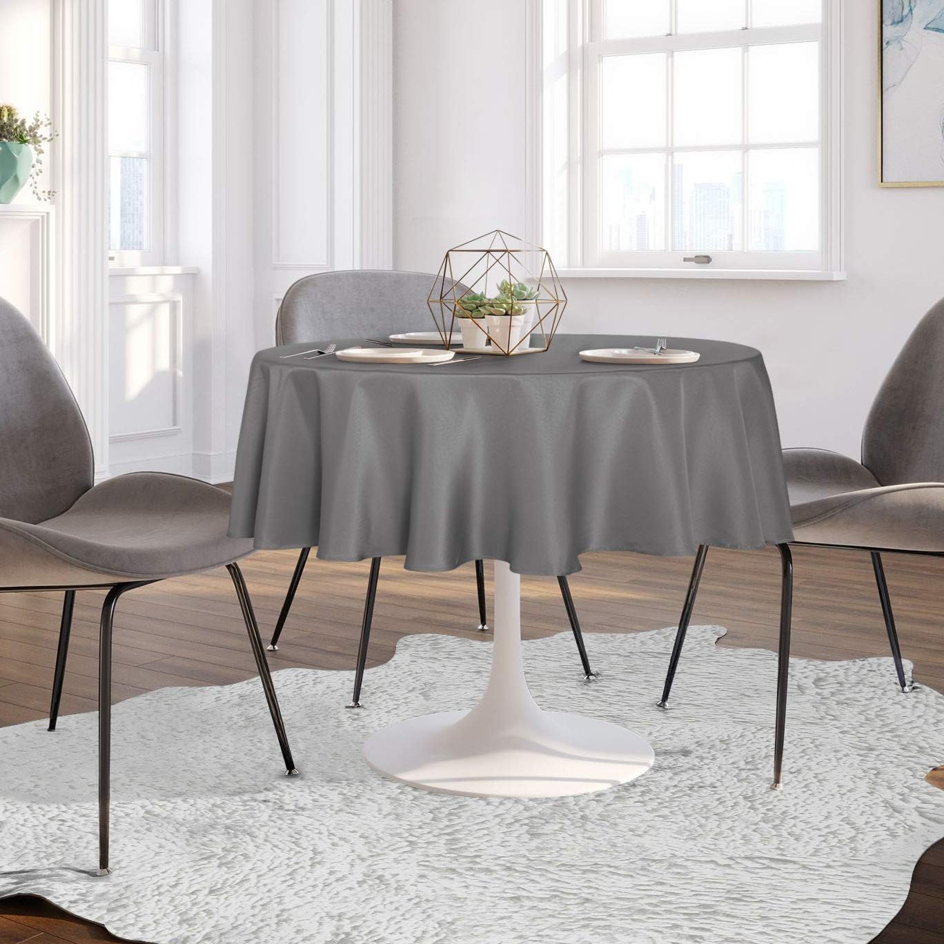 sancua Round Tablecloth - 60 Inch - Water Resistant Spill Proof Washable Polyester Table Cloth Decorative Fabric Table Cover for Dining, Buffet Parties and Camping, Light Grey(Fits 20-48 Inch Tables)