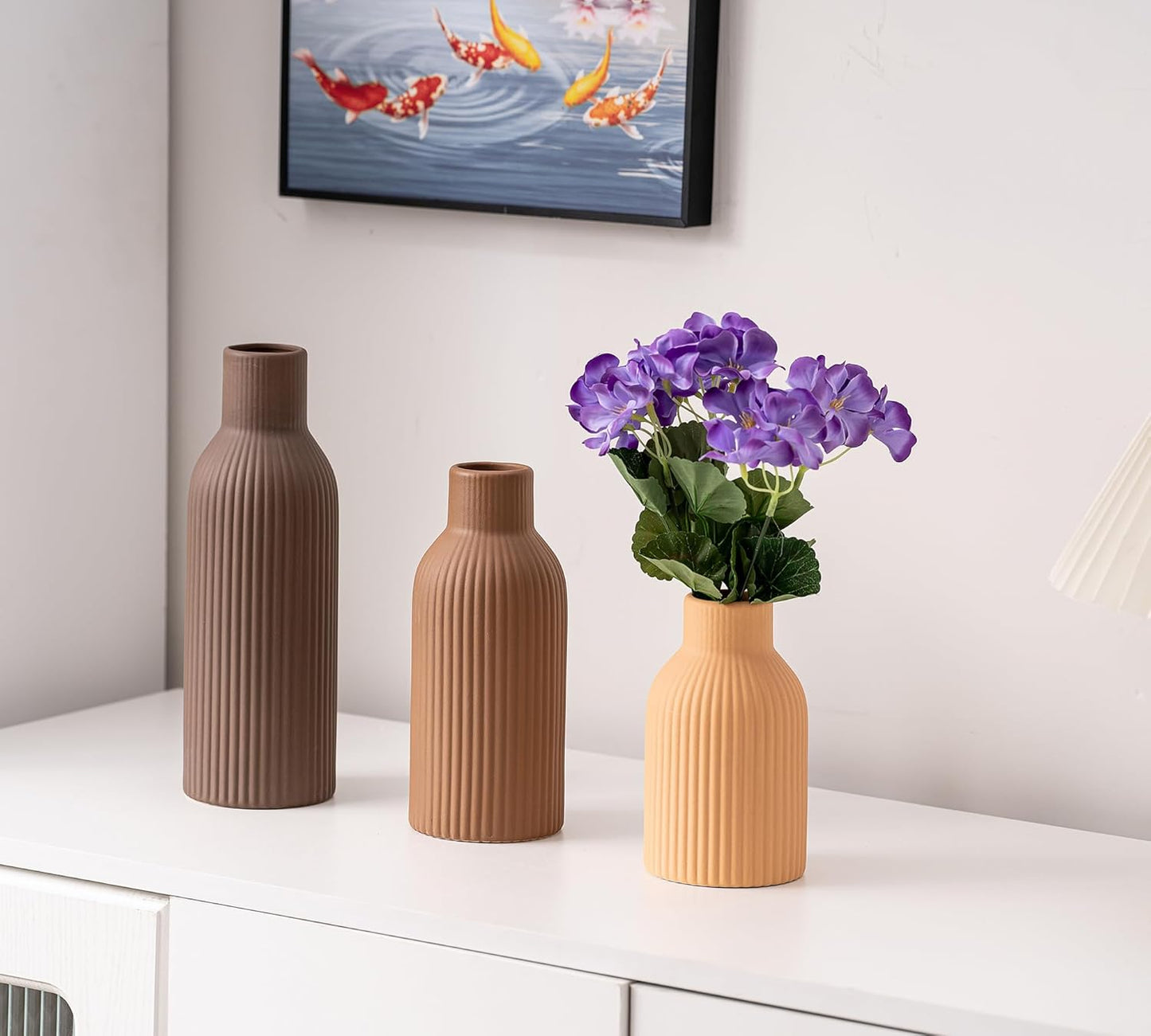 Ceramic Vase Set of 3, Modern Minimalist Ribbed Small Flower Vase Table Centerpiece Decorative for Home Decor Farmhouse Christmas Colorful
