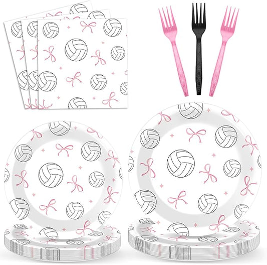 96PCS Volleyball and Bow Party Paper Plates and Napkins for Sports Themed Party Dessert Cake Plates Disposable Decor Pink Bow Volleyball Parties Set for Boys Girls Birthday Gatherings Decorations