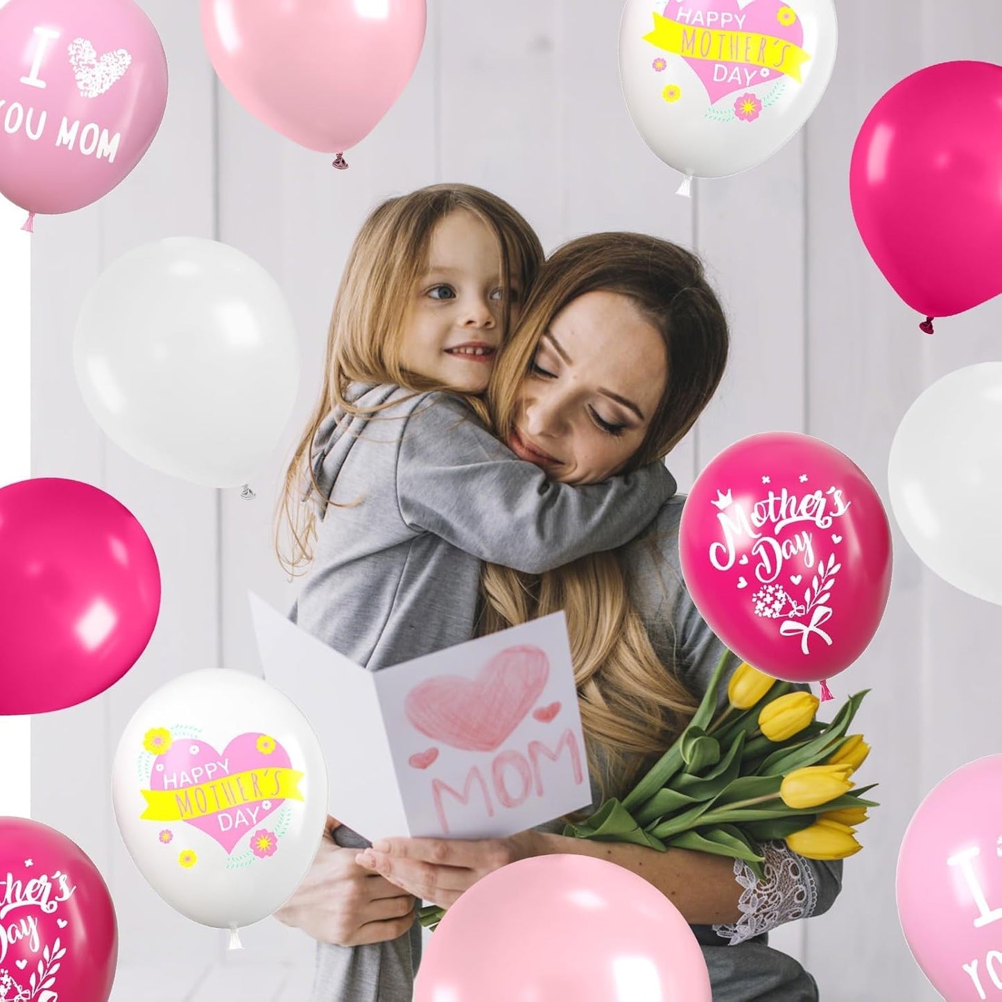 Paready Mother's Day Balloons Set, 60Pcs Pink White Mom Printed Balloon, 12 Inch Helium Light Hot Pink White Latex Balloons for Mother's Day Party Decoration Supplies
