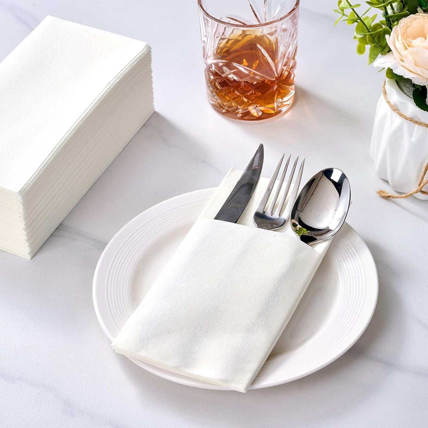FOCUSLINE 200 Count Disposable Cloth-Like Napkins, Built-in Flatware Pocket, Prefolded Linen Feel White Napkins