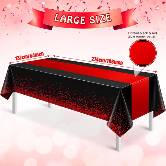 MASHAN 12Pcs Black and Red Tablecloth Party Decorations,Plastic Black Table Cloth Printed Red Table Runner Disposable Rectangle Cover for Birthday Weeding Anniversary Graduation Party,54 x108 Inch
