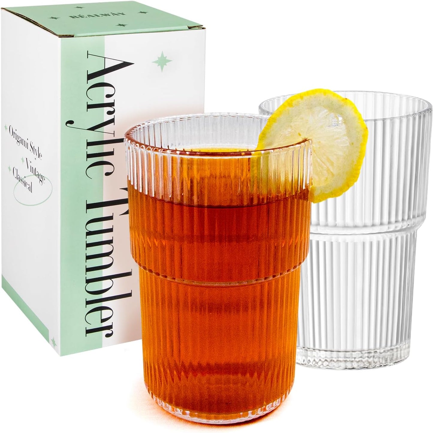 REALWAY 17oz Ribbed Plastic Glasses, Unbreakable Acrylic Drinking Cups – Clear, Reusable, Dishwasher Safe, Stackable Tumblers for Kitchen & Parties – Set of 12