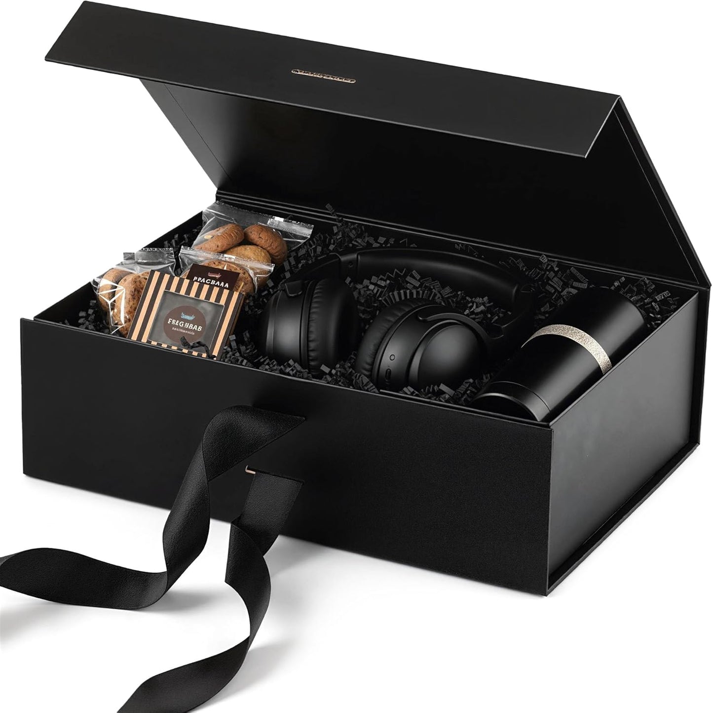 JOHOUSE Black Gift Box 10.5x7.5x3.1 Inches Gift Boxes with Lids for Presents Magnetic Closure Collapsible with Ribbon For men Groomsman Proposal Birthday Halloween Box