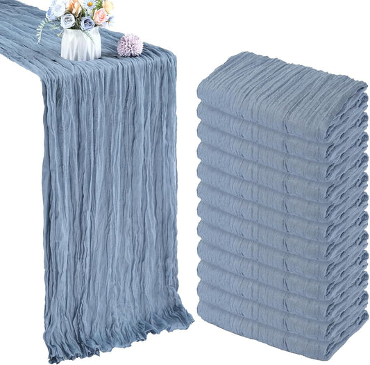 12 Pack 10FT Dusty Blue Cheesecloth Table Runner 35x120 Inch Gauze Rustic Boho Table Runner Cheese Cloth for Wedding Decor Birthday Party Bridal Baby Shower Table Centerpiece Decoration