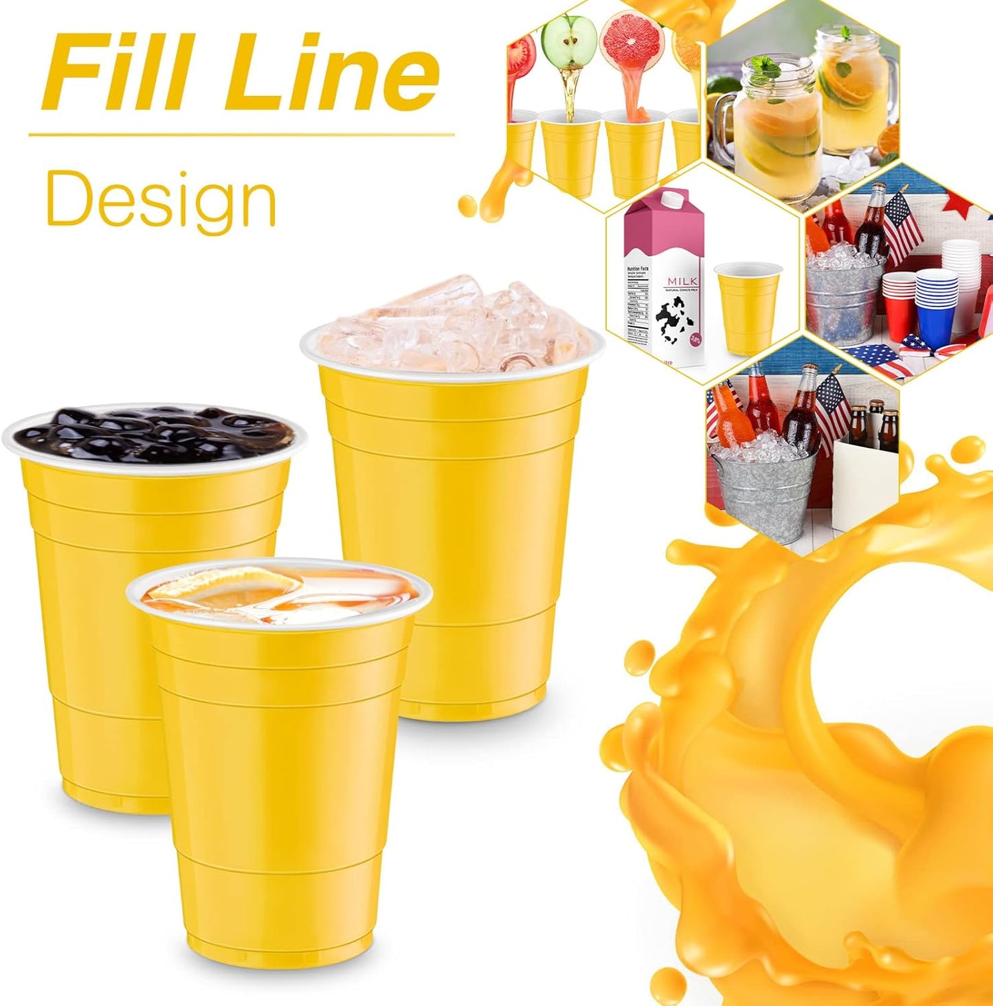 Lounsweer 100 Pack 16 Ounce Christmas Plastic Party Cups Disposable Heavy Duty Drinking Water Cups for Holiday Christmas Festival Wedding New Year Birthday Party Supplies(Yellow)
