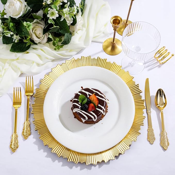 EI 20pcs Gold Charger Plates Bulk 13inch Plastic Chargers for Dinner Plate Disposable Golden Flash Reef Charger Plates Table Chargers for Family Party Wedding Birthday Afternoon Tea Decoration