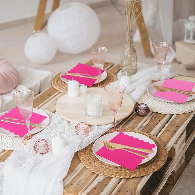 Whaline 150Pcs Hot Pink Scalloped Cocktail Napkins 3 Gradient Pink Colors Paper Napkins Disposable Dinner Beverage Napkins for Baby Shower Wedding Birthday Party Supplies Table Decor, 5 x 5 Inch