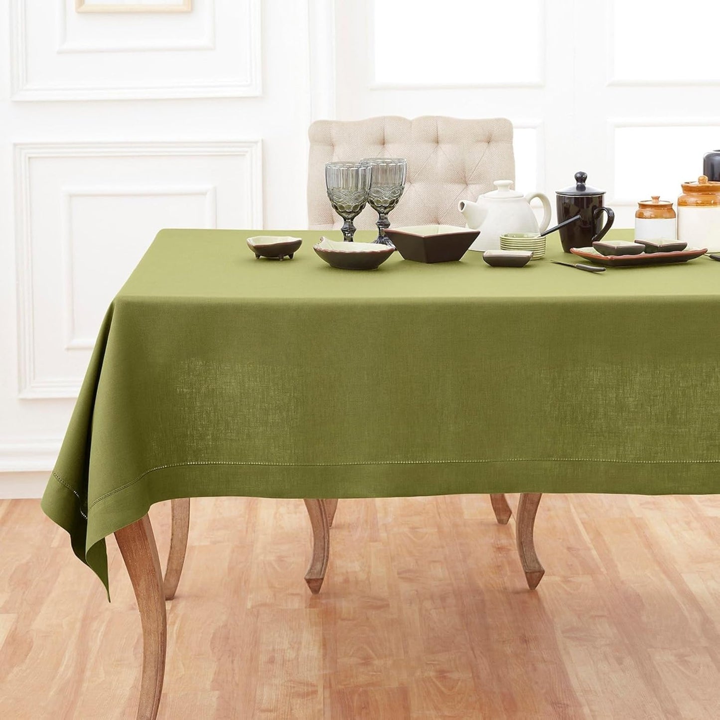 Solino Home Linen Avocado Green Tablecloth 60 x 120 Inch - Classic Hemstitch, 100% Pure Linen Rectangular Tablecloth - Machine Washable Table Cloth for Fall, Autumn, Thanksgiving