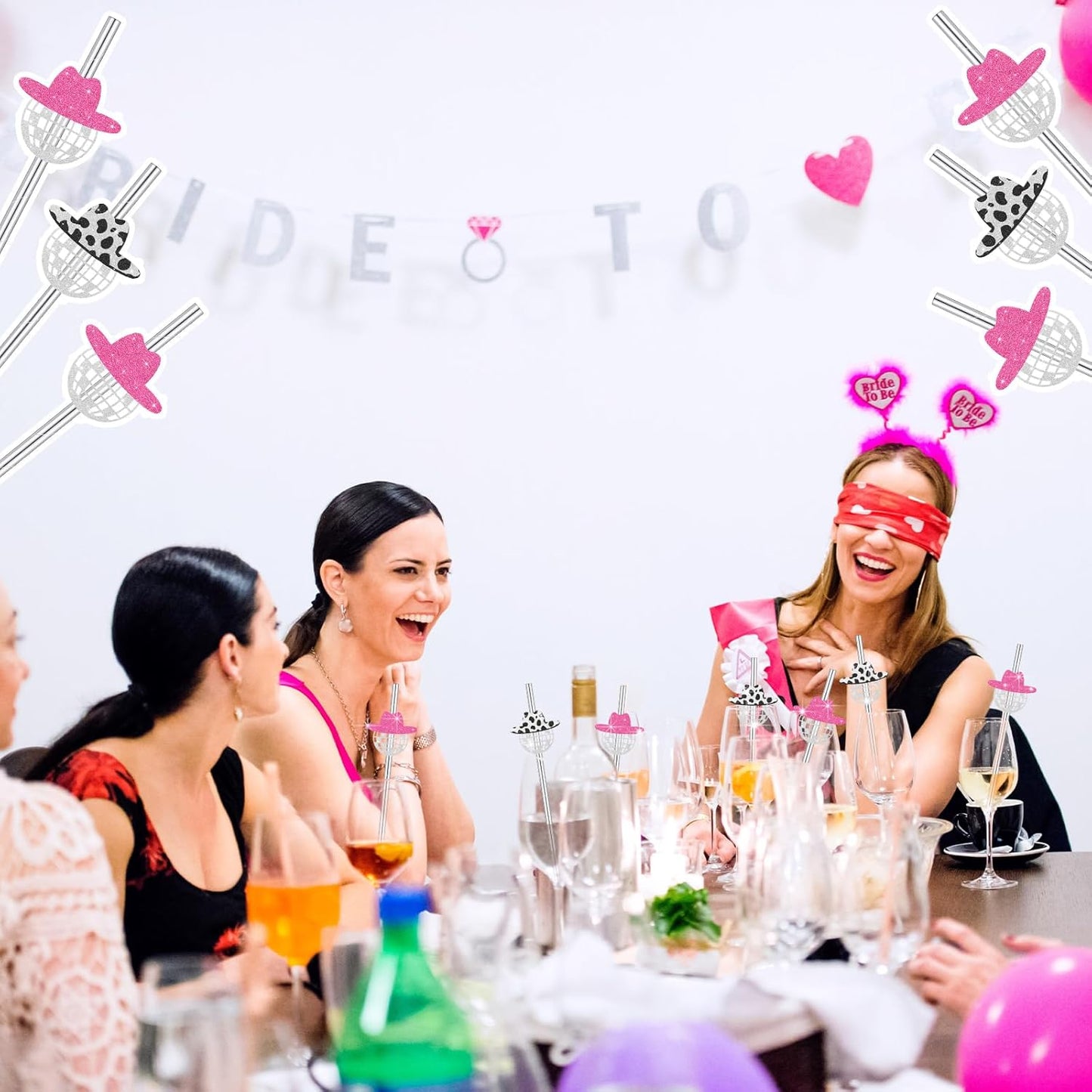 Tanlade 50 Pcs Mini Disco Ball Straws 70s Disco Straws Mirror Glitter Cowgirl Hat Party Decorations for Dance Holiday Wedding Birthday Supplies(Pink, Black)