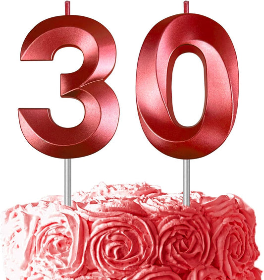 Red Number 30 Candles, 3D Diamond 2.76 Inch Cake Topper Birthday Candles for Wedding Anniversary Cake Decorations, Happy Birthday Party Decorations
