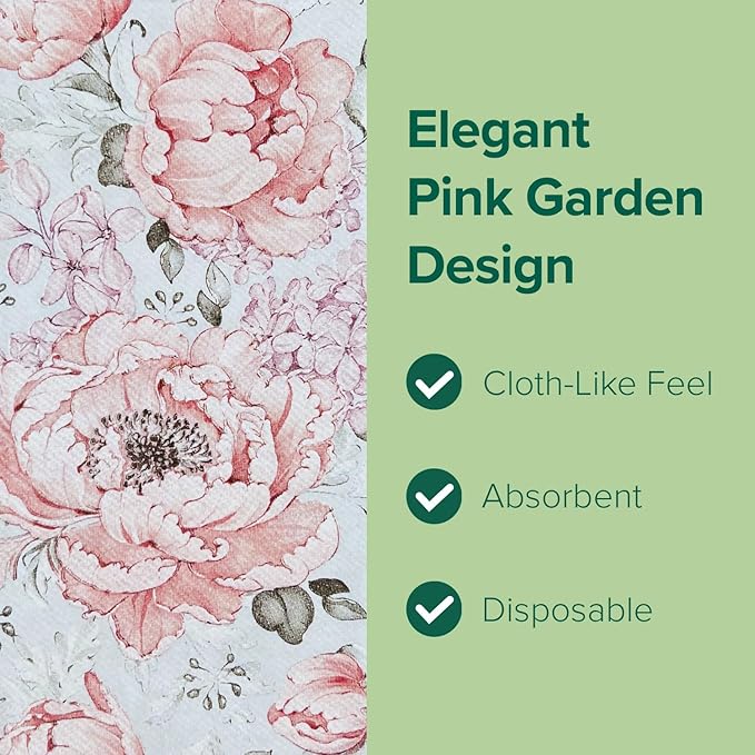 SimuLinen Pink Garden - Disposable Paper Towels for Bathroom, Guest Hand Towels, Cloth-Like Linen-Feel, Single-Use, Size 12x17" - 300ct (Made in Germany)