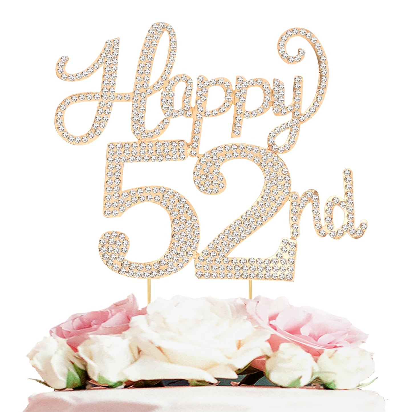 Happy 52nd Birthday Decorations,52nd Birthday Gold Rhinestone Cake Topper - Cheers to 52 Years Old Bday Party Metal Sparkly Cake Centerpieces Sign.