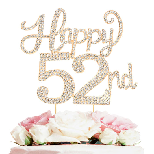 Happy 52nd Birthday Decorations,52nd Birthday Gold Rhinestone Cake Topper - Cheers to 52 Years Old Bday Party Metal Sparkly Cake Centerpieces Sign.