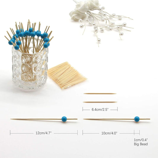 Minisland Sky Blue Pearl Cocktail Picks, 4.7 Inch Long Bamboo Fancy Toothpicks for Appetizers, Decorative Baby Shower Birthday Party Food Drink Garnish Fruit Kabob Skewer Sticks 100 Counts - MSL154