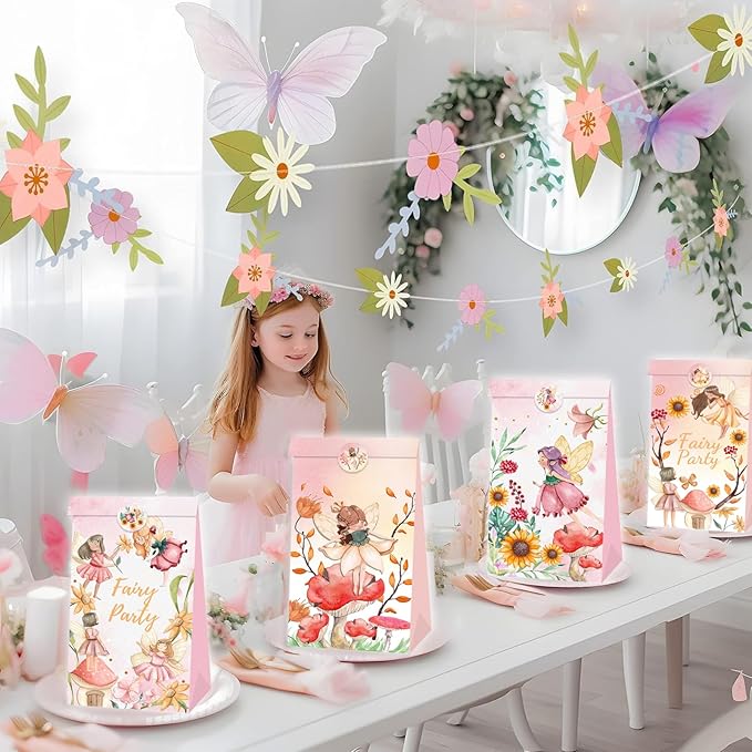 12 Pcs Fairy Party Favor Sunflower Gift Bags with Stickers Spring Floral Welcome Flower Party Favors Butterfly Paper Candy Goodie Treat Bags for Garden Decor Bday Bridal Baby Shower Wedding Supplies