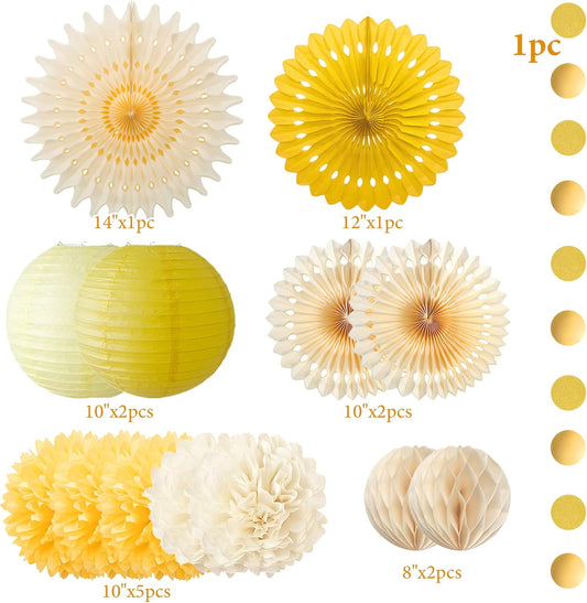 Yellow Party Decorations Yellow and Cream Paper Fans Paper Lanterns Pom Poms Flowers for Baby Shower Birthday Wedding Engagement Party