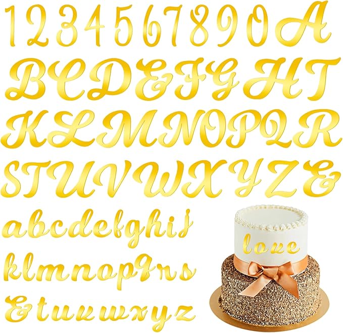 64 Pcs Acrylic Alphabet Cake Topper, Mirror Number 0-9 and Alphabet A-Z Personalized Name Cake Picks for Custom Wedding Cake Decorations Baby Shower Graduation Birthday Party Supplies (Golden)