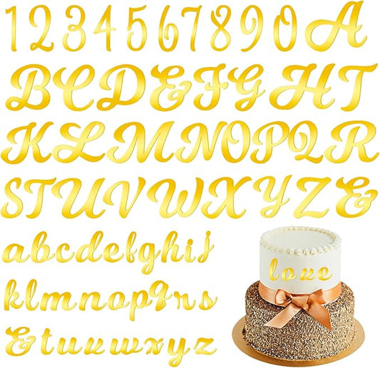 64 Pcs Acrylic Alphabet Cake Topper, Mirror Number 0-9 and Alphabet A-Z Personalized Name Cake Picks for Custom Wedding Cake Decorations Baby Shower Graduation Birthday Party Supplies (Golden)