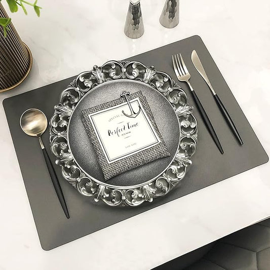 13" Antique Silver Charger Plates, Set of 6 Plastic Textured Chargers for Dinner Plates with Embossed Rim, Table Décor, Party, Wedding, Holiday