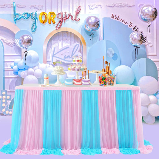 6ft Pink and Blue Table Skirt for Gender Reveal Tulle Tutu Table Cloths Cover for Baby Shower Boy or Girl Birthday Party Dessert Buffet Banquet Table Decorations