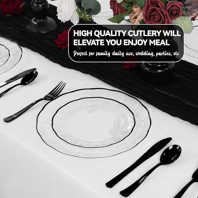 supernal 60pcs Clear and Black Plastic Plates New Fancy Scalloped Plates Disposable Heavy Duty Disposable Dinnerware Include 30 Dessert Plate & Dinner Plate for Valentine's Day Easter and Party