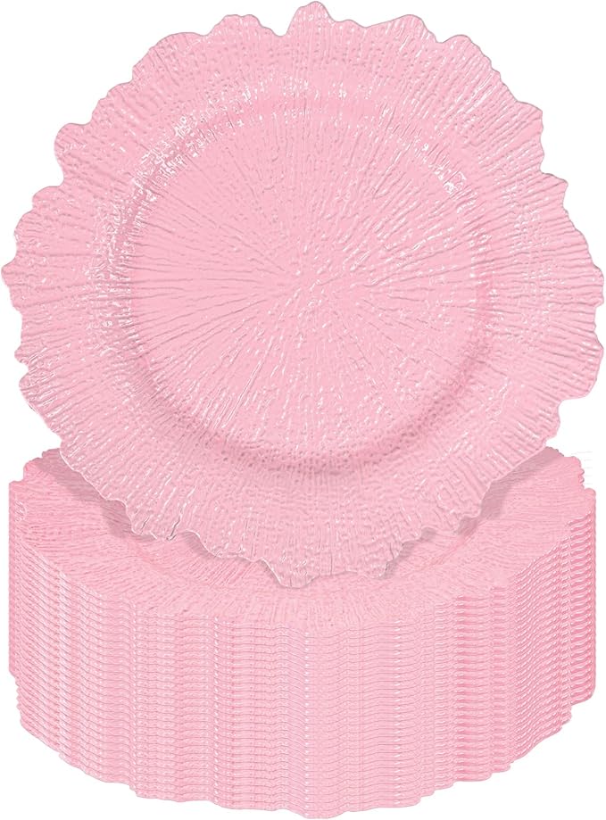 Pesonlook 24Pcs Pink Charger Plates Round 13inch, Reef Plate Chargers for Dinner, Bulk Plastic Floral Table Charger Plates for Dinner Wedding Party Event Table Setting Decoration(Pink)