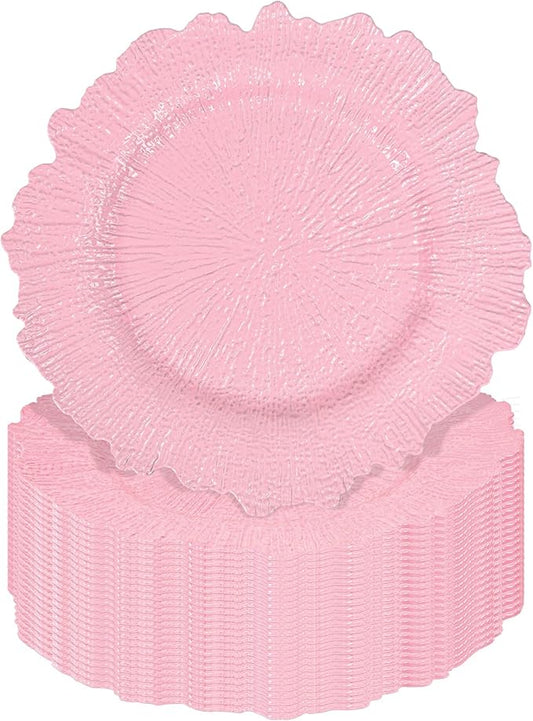 Pesonlook 24Pcs Pink Charger Plates Round 13inch, Reef Plate Chargers for Dinner, Bulk Plastic Floral Table Charger Plates for Dinner Wedding Party Event Table Setting Decoration(Pink)