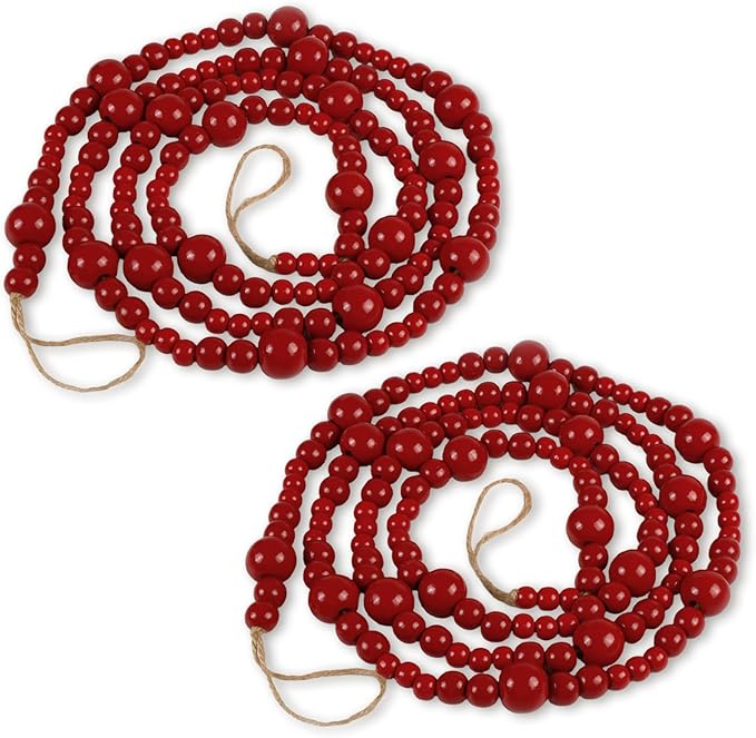 2PCS Christmas Wood Beads Garland 14.4 Feet Wooden Bead Garland Boho Ornaments for Christmas Tree, Xmas Vintage Rustic Farmhouse Round Craft Bead Hanging Holiday Decorations(Red)