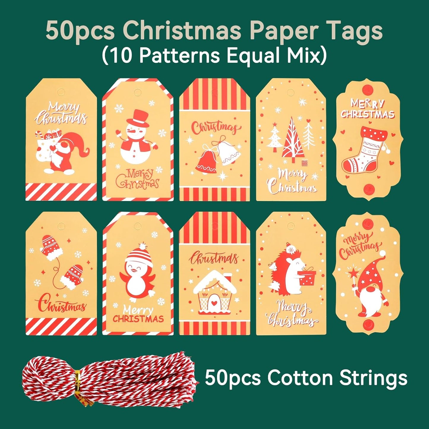Tapleap Burlap Bags with Drawstring, 7x10 Inches Burlap Sack with Christmas Tags and String (Lot of 50) for Wrapping Christmas Gifts, Party Favors or for Christmas Decorations