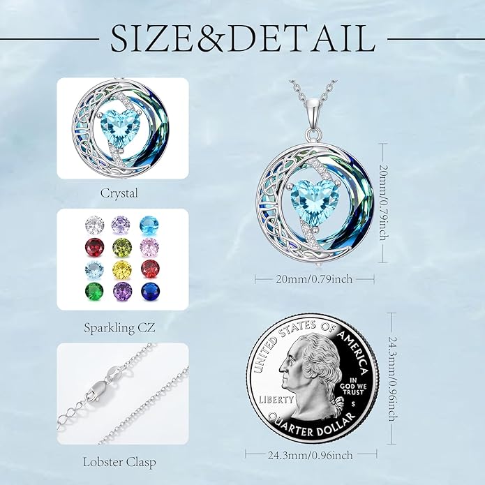 Valentines Day Gifts for Women, Birthstone Necklace for Women, Celtic Moon Pendant Blue Crystal Necklace Heart Jewelry Anniversary Jewelry Gift for Daughter Wife Mother Sister
