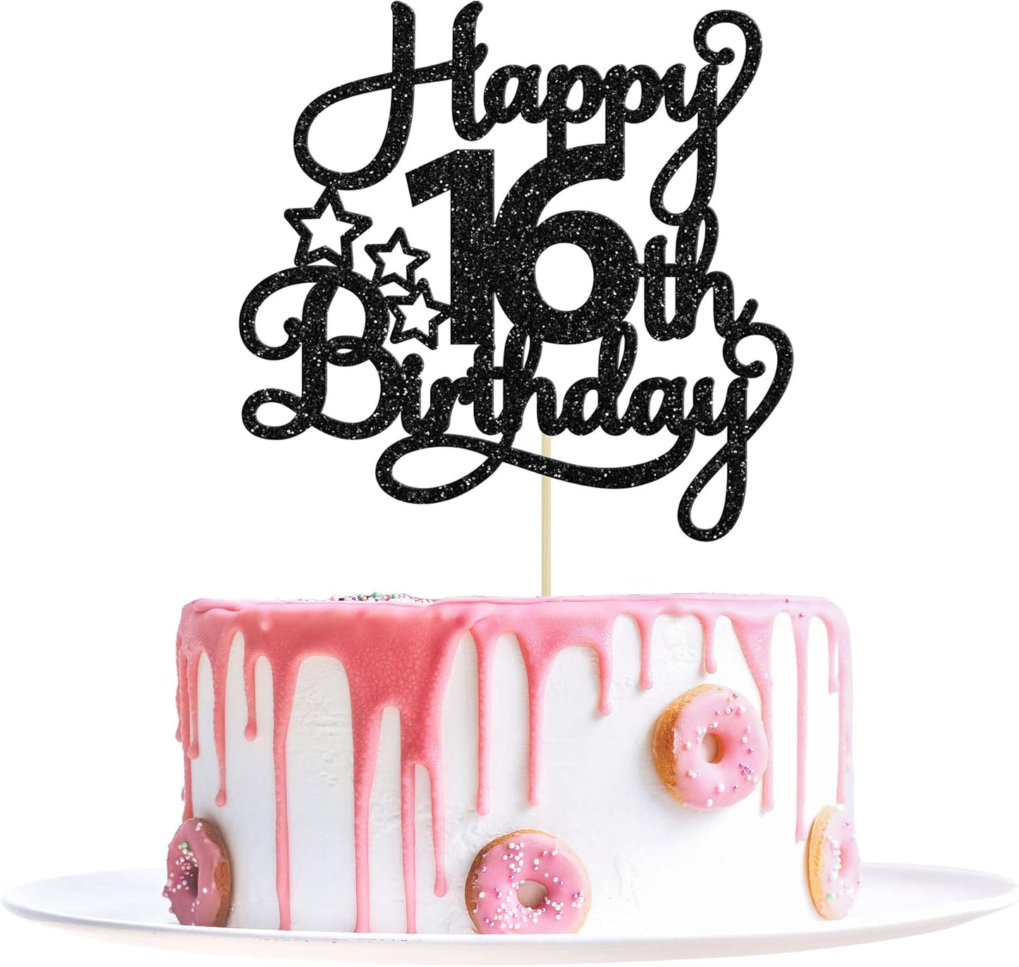 1 Pack Happy 16th Birthday Cake Topper Glitter Sweet 16 Cake Pick Decorations for Children Theme Party Supplies Black