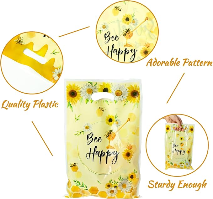 3sscha 50Pcs Bee Party Favor Bags Sweet As Can Bee Plastic Waterproof Goodie Bag Sunflower Yellow Rectangular Gift Pack for Kids Birthday Baby Shower Decoration Party Favor Supplies