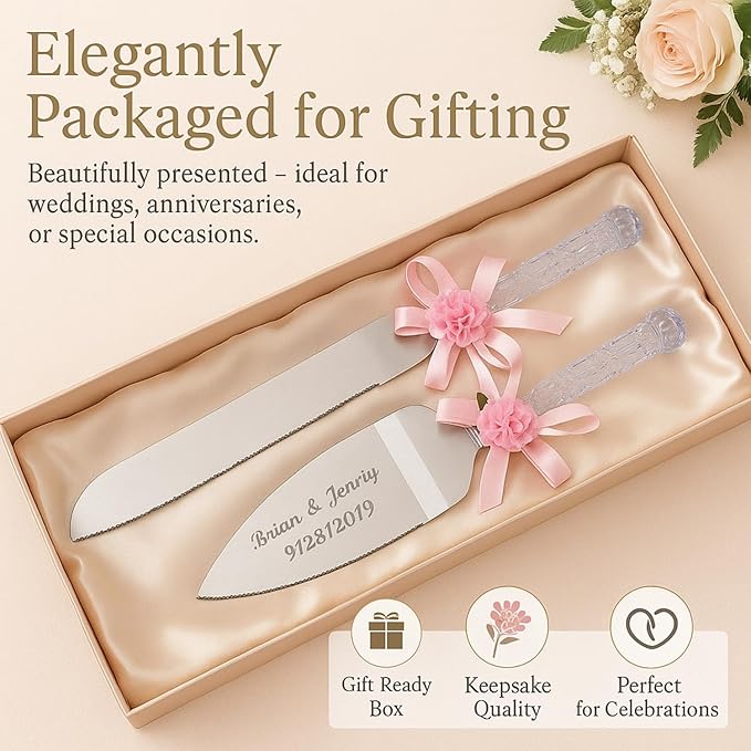 GIFTS INFINITY Personalized Wedding Cake Knife and Server Set with Engraving – Cake Cutting Utensil Set, Keepsake Gift for Wedding, Anniversary, Reception, Birthday & Other Occasions (Flower HG Pink)