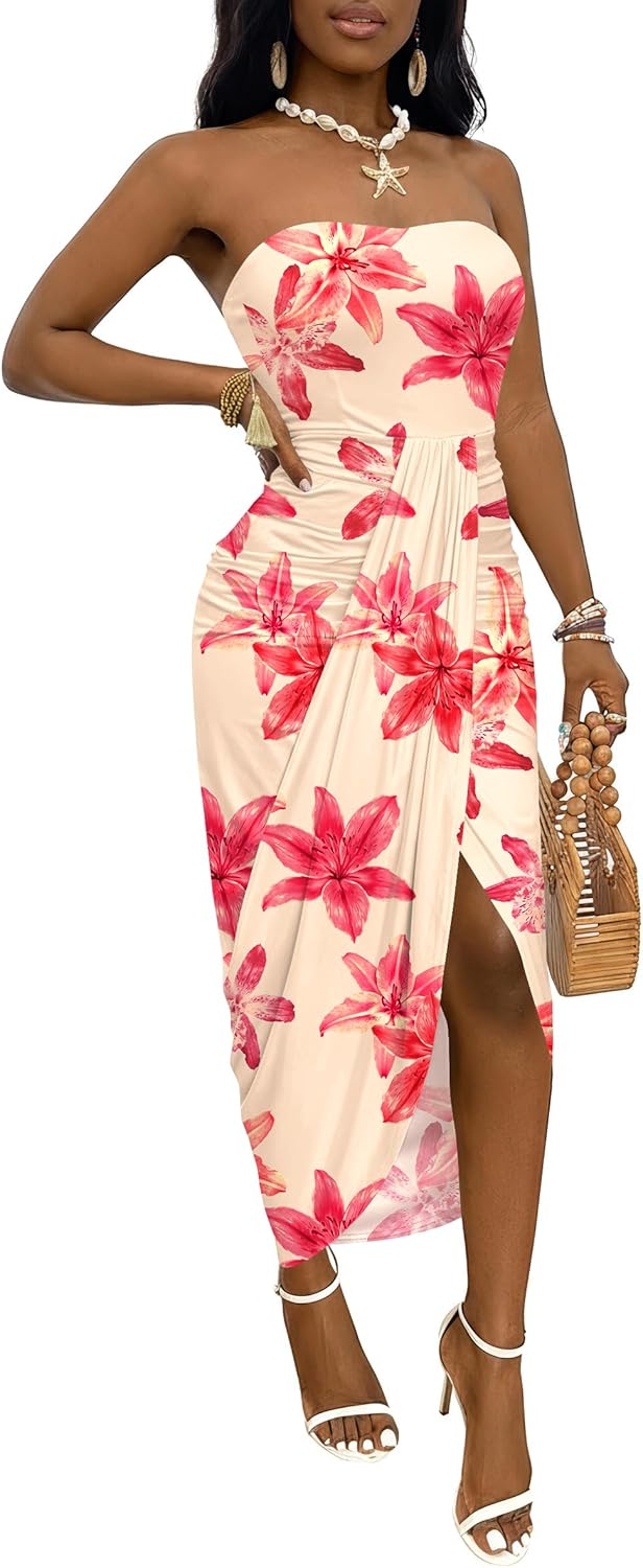 Umenlele Women's Strapless Ruched High Waist Wrap Split Asymmetrical Beach Maxi Long Dress
