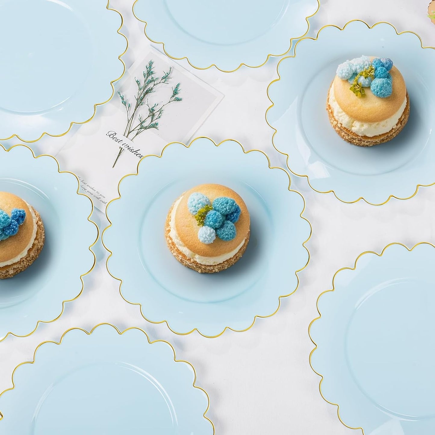 LIYH 100 Pcs Blue Plastic Plates - 7.5 Inch Scalloped Edges Disposable Dessert/Salad Plate- Blue with Gold Rim Premium Hard Appetizer Cake Plastic Plates for Party, Weddings, Bridal Shower