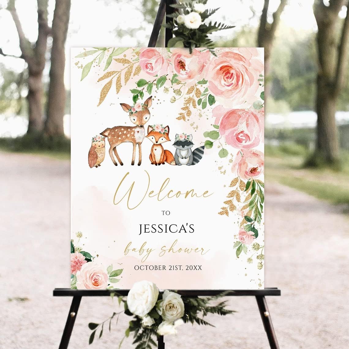 Generic Woodland Floral Baby Shower Welcome Sign, Printable, Full Size, Plastic, Rectangular, Modern, Portrait, Baby Shower Sign, Woodland Animals, Pink floral, Personalized