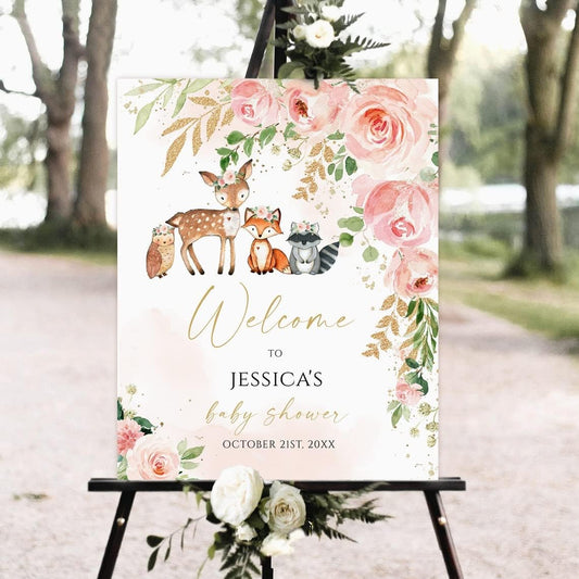 Generic Woodland Floral Baby Shower Welcome Sign, Printable, Full Size, Plastic, Rectangular, Modern, Portrait, Baby Shower Sign, Woodland Animals, Pink floral, Personalized