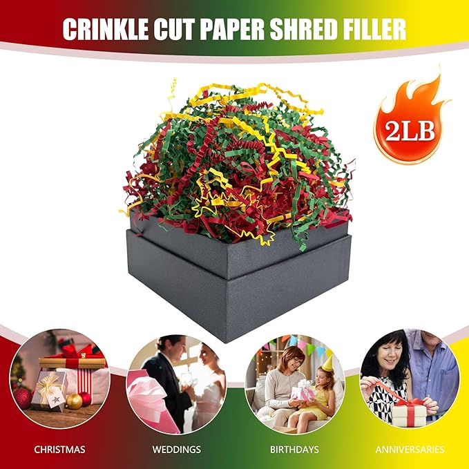 Red Green Gold Crinkle Cut Paper Shred Filler, 2 LB Basket Filler Shredded Paper, Confetti Stuffing for Basket Filling, Mother's Day, Birthdays, Weddings, DIY Gift Wrapping, Stuffer Party Supplies