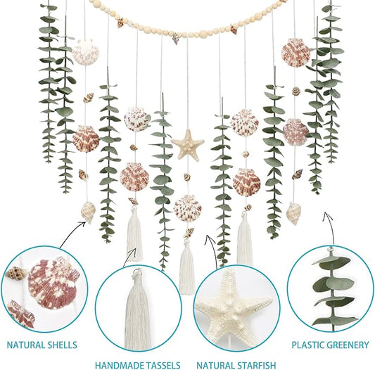 Artificial Eucalyptus Wall Decor with Seashell Coastal Decor Natural Home Decorations Hanging Wooden Bead Garland for Large Bedroom Bathroom Living Room, 32 x 32 Inch