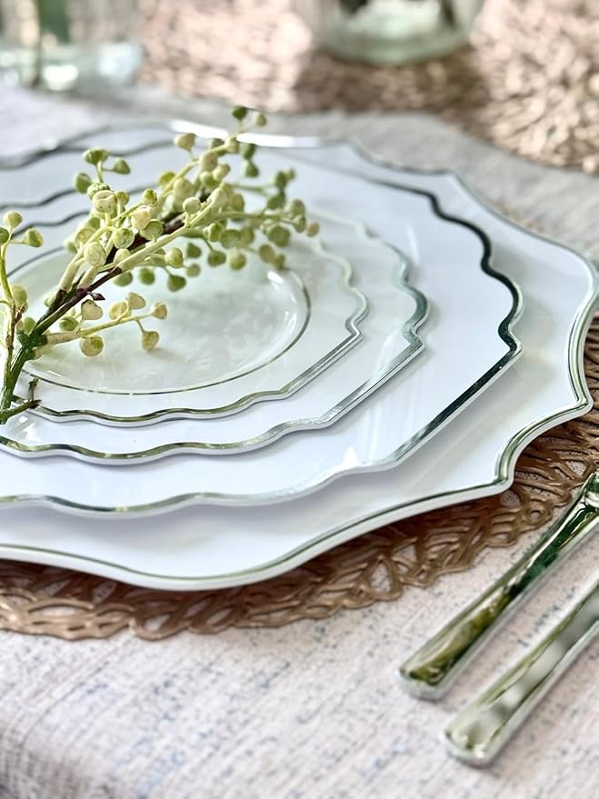 " OCCASIONS " 20 Pieces 13.25'' Scalloped Disposable/Reusable Plastic Charger Plates for Wedding, (Scalloped Imperial White & Silver)
